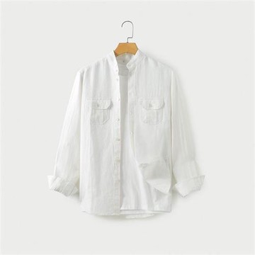 【米蘭精品】亞麻襯衫長袖上衣-休閒透氣立領男裝3色74ew21