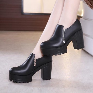 旗袍走秀高跟鞋真皮韓版松糕厚底防水臺圓頭大碼深口粗跟單鞋女秋