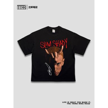 TTRR 說唱美式短袖T恤埃米納姆純棉寬松超重磅小領口男潮牌復古