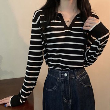 2023春裝長袖條紋針織打底衫女春秋季v領顯瘦撞色POLO領別致上衣