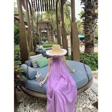 極簡海邊度假連衣裙掛脖吊帶裙2025年夏季無袖背心裙紫色寬松長裙