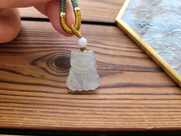 【親翠】天然翡翠 高冰晴底純美胖貓貓調整式繩鏈