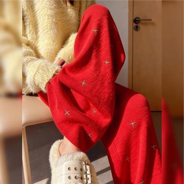 2025秋冬新品紅色提花針織長褲女簡約氣質減齡舒適加厚保暖休閑褲