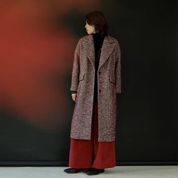 酒紅 羊毛編織毛呢大衣 長袖 單排扣 西裝領外套