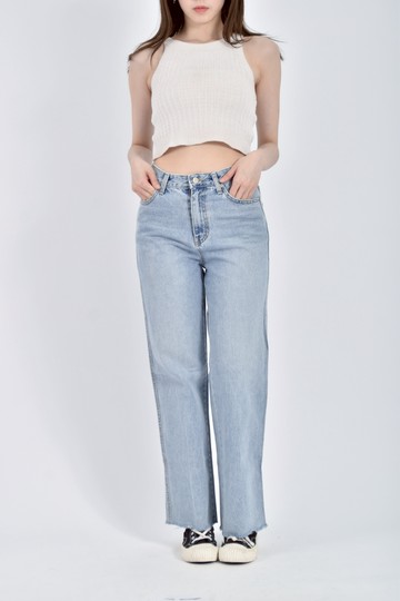 加購優惠(M) le j高腰丹寧牛仔質感直筒藍色長褲