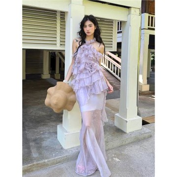 (免運)RunRunSweet原創 度假感慵懶不規則網紗立體玫瑰掛脖分體魚尾長裙