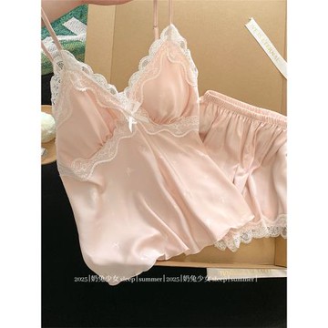 性感吊帶冰絲睡衣女士夏天法式純欲風蝴蝶結印花帶胸墊一體家居服