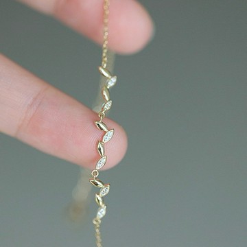 日系 M4852 唯美細緻水鑽葉子純銀手鍊 S925 純銀手鍊 葉子水鑽相間純銀手環