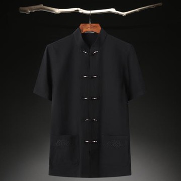 男士棉麻唐裝中國風漢服中年寬松亞麻襯衣夏季薄款黑色休閑上衣男