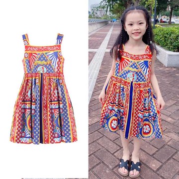 外貿童裝2025新款女孩歐美風吊帶裙夏季新款女童波西米亞風連衣裙