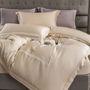 Aaron艾倫生活家 素色刺繡系列 頂級60支100%萊賽爾天絲TM床包枕套3件組  香檳米  雙人加大 床包(180×186cm) + 歐式壓框枕套(47×75cm)  床包 + 歐式壓框枕套 2個