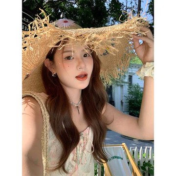 法式手工拉菲草帽女夏季出游海邊沙灘度假大帽檐遮陽防曬太陽帽子