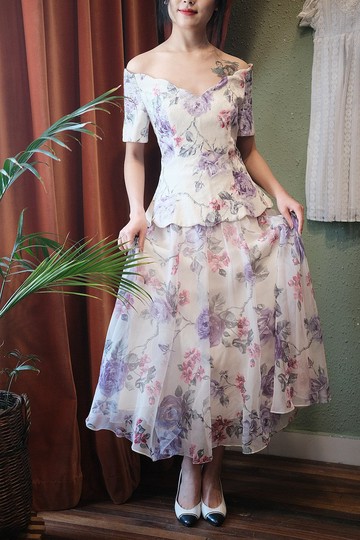 Vintage dress美國制貝殼領暗紋印花假兩件連衣裙古著洋裝