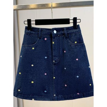 大碼高腰刺繡碎花牛仔半身裙女夏季胖mm梨型身材遮胯a字包臀短裙