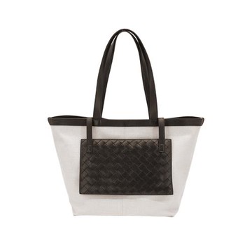 Bottega Veneta Flip Flap 編織皮革拚帆布手提托特包-中(754914-咖/米)