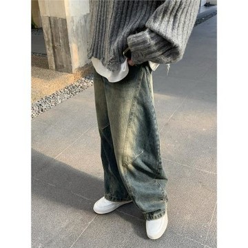 白口陽【 街頭藝術社】復古做舊乞丐褲2024秋冬新款彎刀牛仔褲男