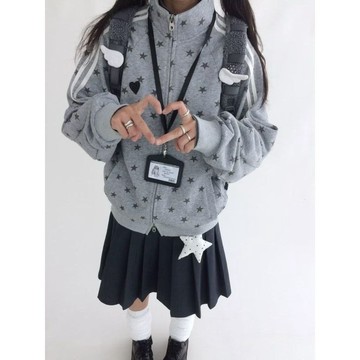 【 𝑭𝒍𝒐𝒘𝒆𝒓𝒔𝒆𝒂】小宅女可愛甜美外套 設計感 滿印星星波點高領外套 加絨外套女 星星外套 百搭外套 休閑外套 長袖