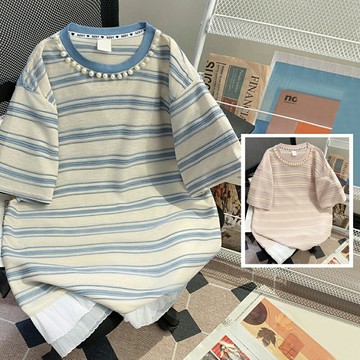 ＊ORead＊條紋釘珠假兩件短袖T恤(2色M~4XL)