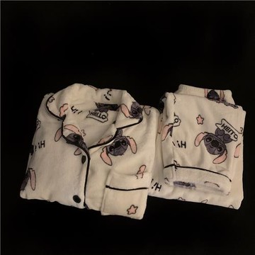 秋冬季情侶睡衣女珊瑚絨卡通史迪仔秋冬款大碼男士加絨加厚家居服