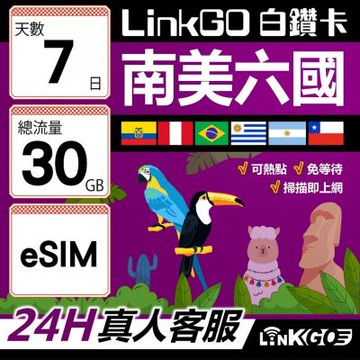 LINKGO白鑽卡 南美洲六國 eSIM卡 7天上網卡總流量30GB(南美洲網卡 巴西 阿根廷 智利 厄瓜多爾 秘魯 烏拉圭)