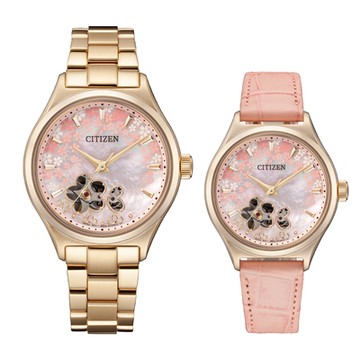 CITIZEN星辰 Lady 櫻花Hebe廣告款鏤空機械錶-金x粉/34mm(PC1019-66Y)