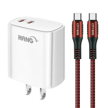 HANG C66 PD+QC快充 雙Type C 充電頭-白色+勇固 Type-C to Type-C耐彎折快充線2米