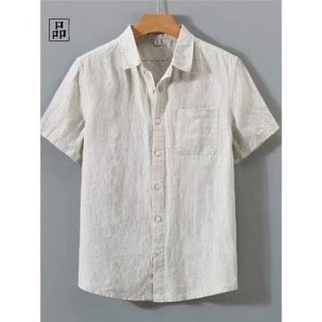 會呼吸的亞麻料  質樸復古高級感 夏漢薄款亞麻休閑服短袖襯衫男
