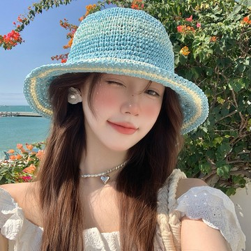 🔥優選🔥多巴胺藍色條紋草編漁夫帽子女夏季大帽簷海邊沙灘遮陽帽防曬草帽