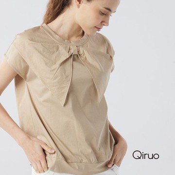 【Qiruo 奇若名品】專櫃卡色小包袖大蝴蝶結造型 短版女裝上衣3010A
