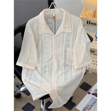 美式vintage古著鏤空襯衫男生短袖夏季痞帥寬松情侶透氣外穿襯衣