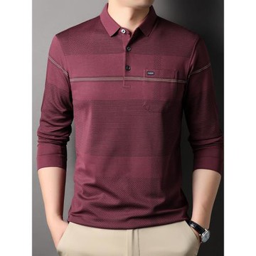 高端紅色中年長袖t恤男翻領爸爸婚宴裝結婚禮服喜公公襯衫polo衫