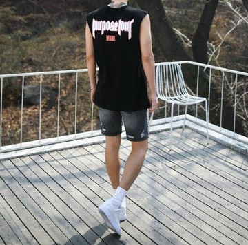 FINDSENSE MD 日系 時尚 潮 男 簡約 休閒 無袖 寬鬆 字母T恤 背心 特色短T