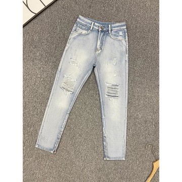 秋季網紅同款膝蓋破洞牛仔褲男修身直筒褲社會小伙休閑小腳拉鏈褲