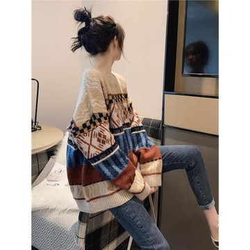 慵懶風軟糯圓領毛衣女2025春秋大碼胖妹妹遮肚顯瘦撞色復古針織衫