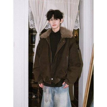 美式復古毛領棉衣男冬季高級感痞帥休閒保暖外套男