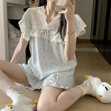 ✨ 精選好物 ✨ 碎花睡衣套裝 夏天短袖家居服套裝女 雲朵棉短袖睡衣女 夏季新款短袖短褲睡衣套裝 蕾絲花邊睡衣套裝