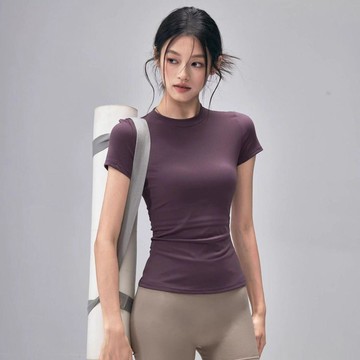 台灣出貨 戶外健身衣 女運動正肩圓領短袖 修身顯瘦彈力瑜伽服 百搭跑步T恤 戶外修身運動服