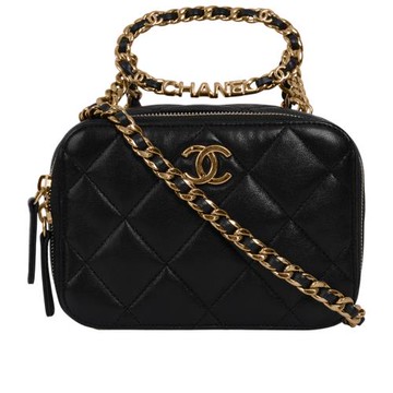 二手商品9成新_CHANEL 23C Logo 圓環提把二用雙拉鍊化妝箱(黑色)
