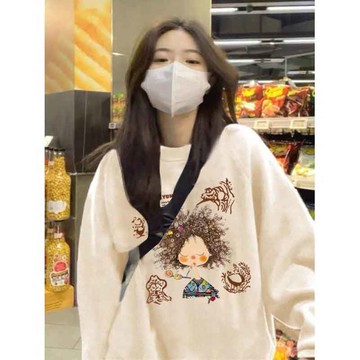 伊人衣舍 韓版寬鬆長袖大學t  秋冬上衣 長袖衛衣 oversize 寬鬆 大學踢 加絨大學t 長袖上衣 印花 大學t