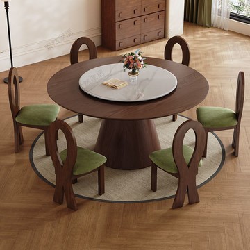 公司貨 免運 可開票 意式黑胡桃木實木圓形餐桌家用飯桌復古高端吃飯桌子中古風圓桌 快速發貨