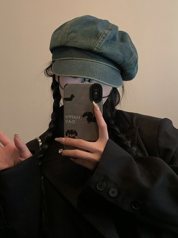 做舊牛仔八角帽女2024年春季新款小帽檐大頭圍顯臉小報童帽畫家帽