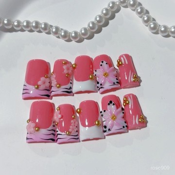 ✨Hannah✨外貿熱銷鴨嘴型純手工穿戴甲搭配粉色花朵配飾純手工穿戴甲 V7FT