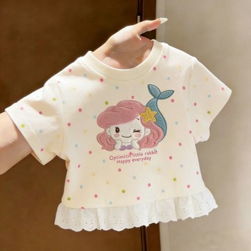 mori🎀mori夏季卡通可愛女孩兒童裝寶寶甜美美人魚公主波點短袖T恤上衣