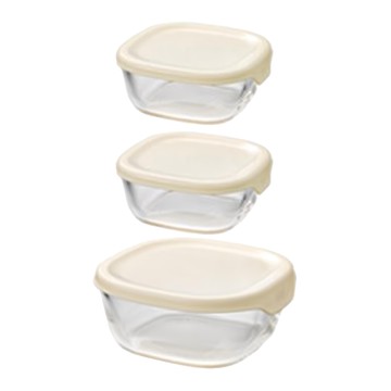 HARIO 好璃奧 方形白色玻璃保鮮盒3件組  3個容器及相配的蓋子  1組