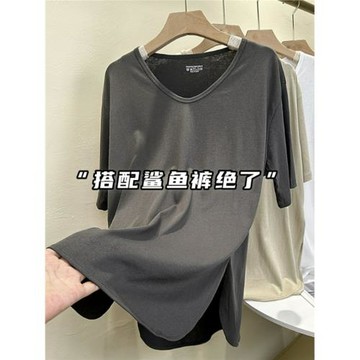 (免運)灰色圓領短袖T恤女夏寬松簡約百搭開叉圓擺中長款搭配鯊魚褲體恤