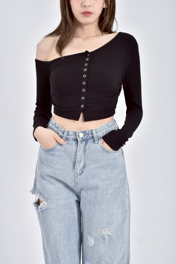 (S) 【Ruby私服】eternal conquer修身短版質感針織露肩黑色長袖上衣