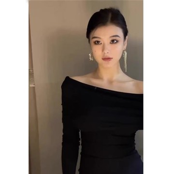 一字肩針織上衣女內搭修身秋季穿搭高級感鎖骨露肩毛衣斜肩打底衫