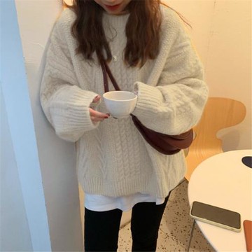 秋冬復古麻花毛衣女慵懶風套頭圓領針織衫上衣寬松外穿學生打底衫