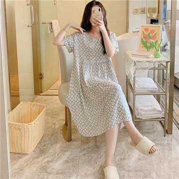 【韓國K.W.】韓國空運文藝標配棉麻居家洋裝裝(居家服/家居服/睡衣/睡裙/涼感睡衣)藍底小波點