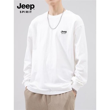(免運)吉普官方新疆純棉長袖t恤男士秋季白色打底衫寬松秋衣男裝上衣服